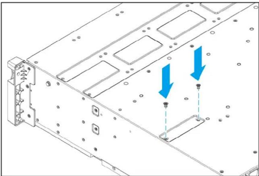 Technical diagram of a server rack with two blue arrows indicating downward movement or force directions (no text or symbols present)