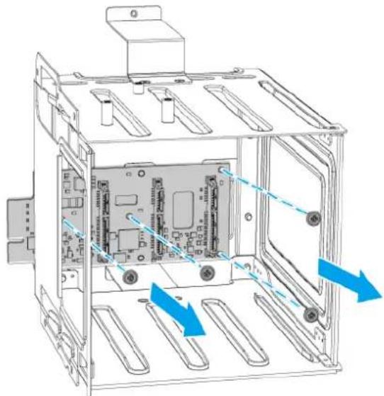 Technical line drawing of a computer chassis showing internal components and directional arrows (no text or symbols)