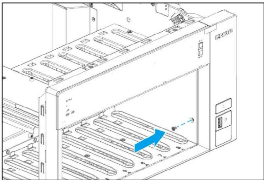 Technical line drawing of a computer rack with internal components and a blue arrow indicating a specific part (no text or symbols present)
