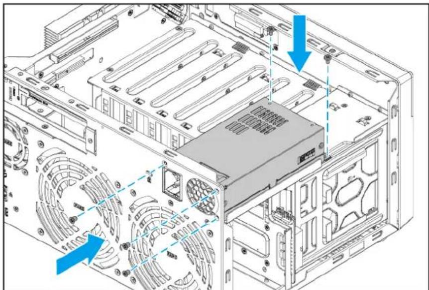 Technical diagram of a computer tower internal structure showing ventilation ducts and drive bays (no text or labels)