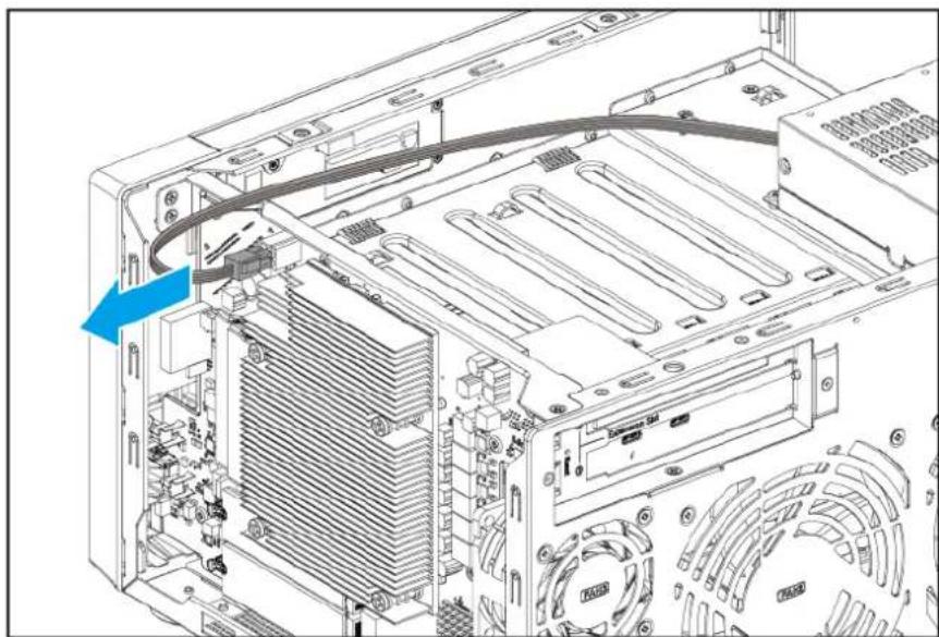 Interior view of a computer tower drive showing internal components and a blue arrow indicating a cable or connection (no text or symbols present)