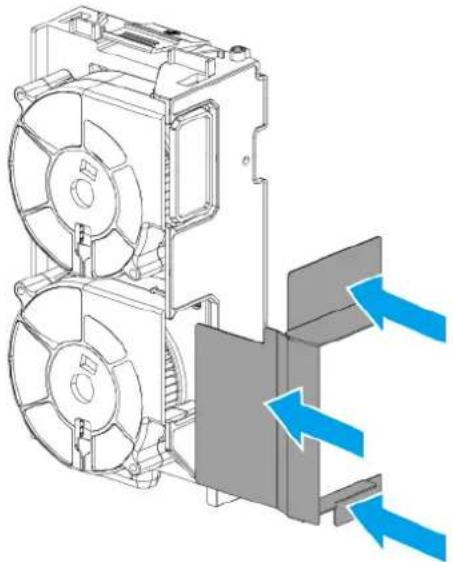 Technical illustration of a multi-chamber electric fan assembly with blue directional arrows indicating flow or movement (no text or symbols present)