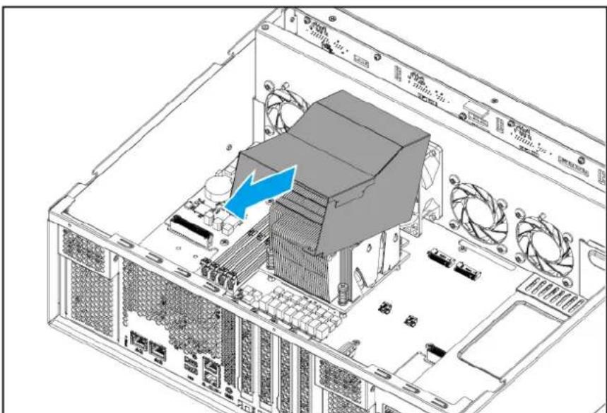 Interior view of a computer tower with CPU socket and fan array (no visible text or labels)