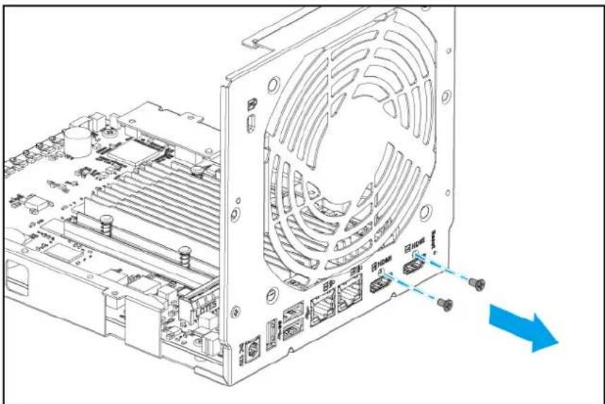 Technical line drawing of a computer motherboard showing fan structure and drive connections (no text or symbols)