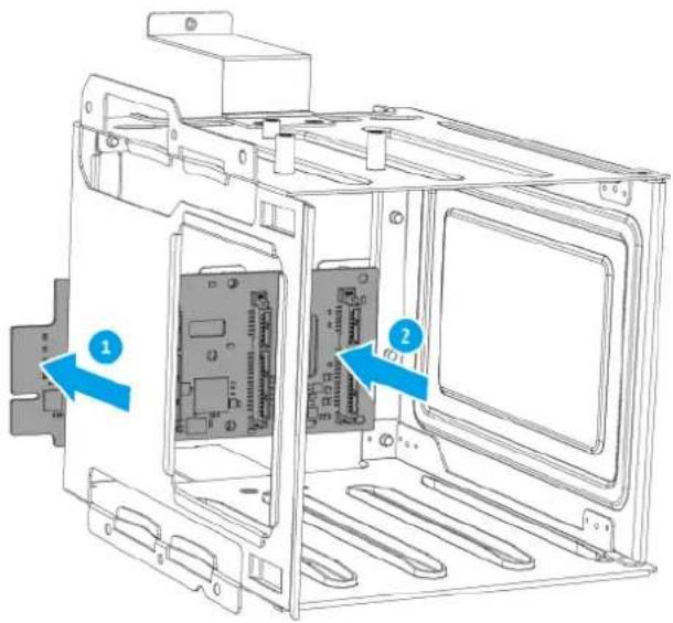 Technical diagram of an internal computer case with labeled components and directional arrows indicating assembly or movement.