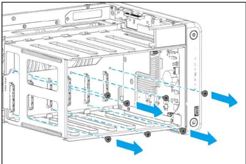 Technical diagram of a server rack with internal components and blue directional arrows indicating movement (no text or symbols present)