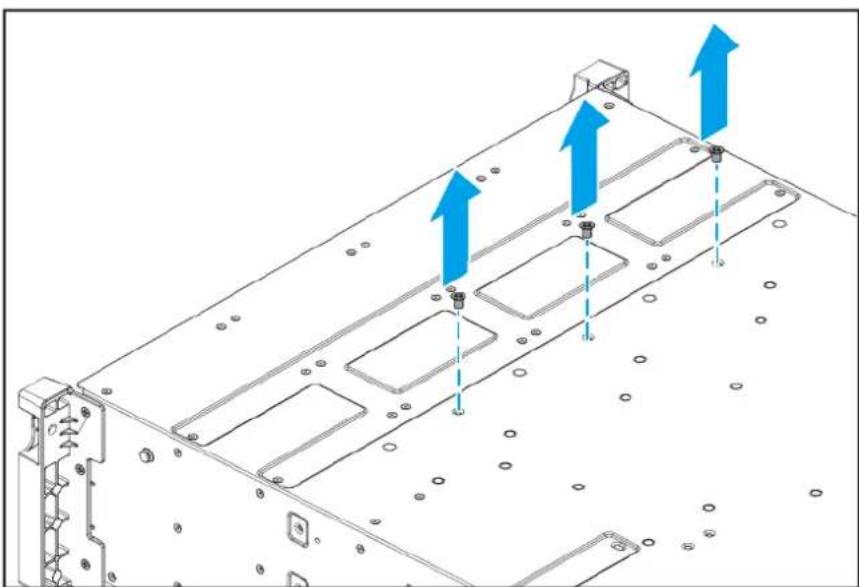 Technical diagram of a server rack with three blue arrows indicating upward movement or force directions (no text or symbols present)