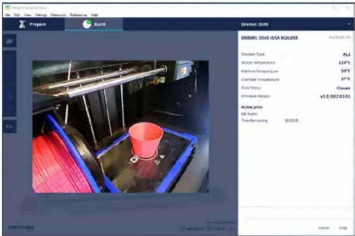 DREAM 3D45 DREAML 3D45 IDEA BUILDER Intensek Type PLA Temperature 220°C Platform Temperature 50°C Cuantar Temperature 21°C Flow Status Closed Environment Version v3.0_00203.01 Active print Job frame Tree Removing 6000.00 Paste: Stop