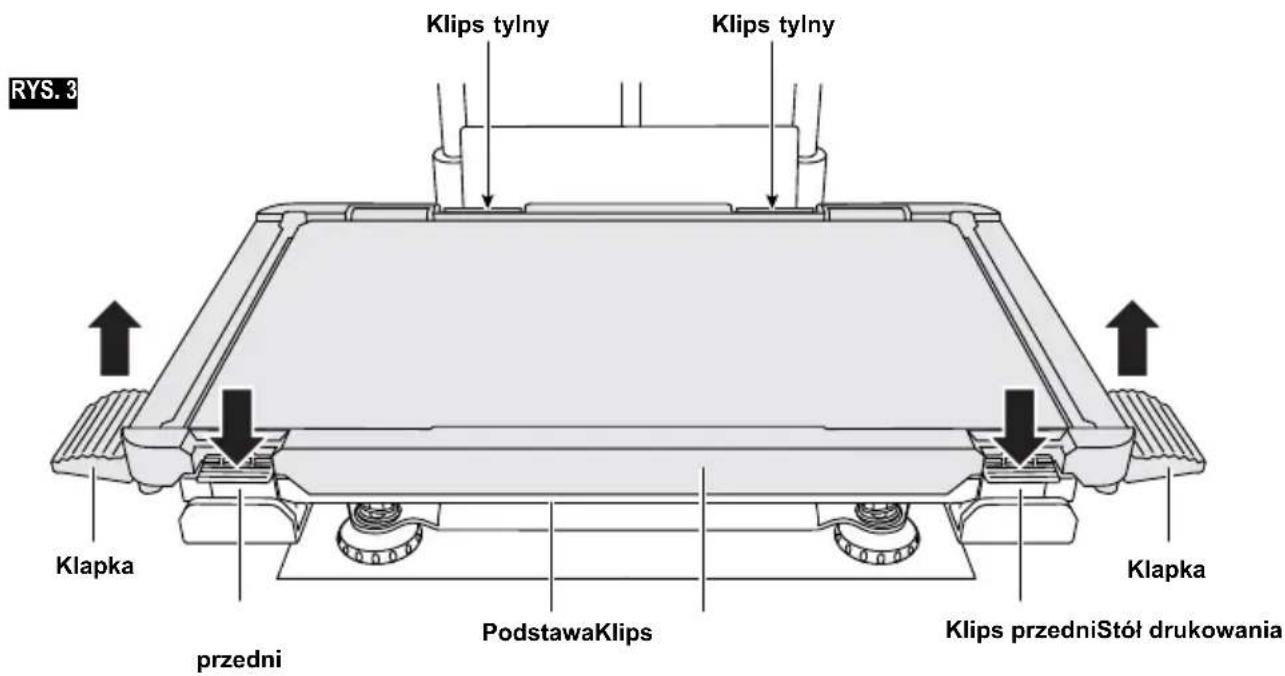 RYS. 3 Klips tylny Klips tylny Klapka przedni PodstawaKlips Klapka Klips przedni Stół drukowania