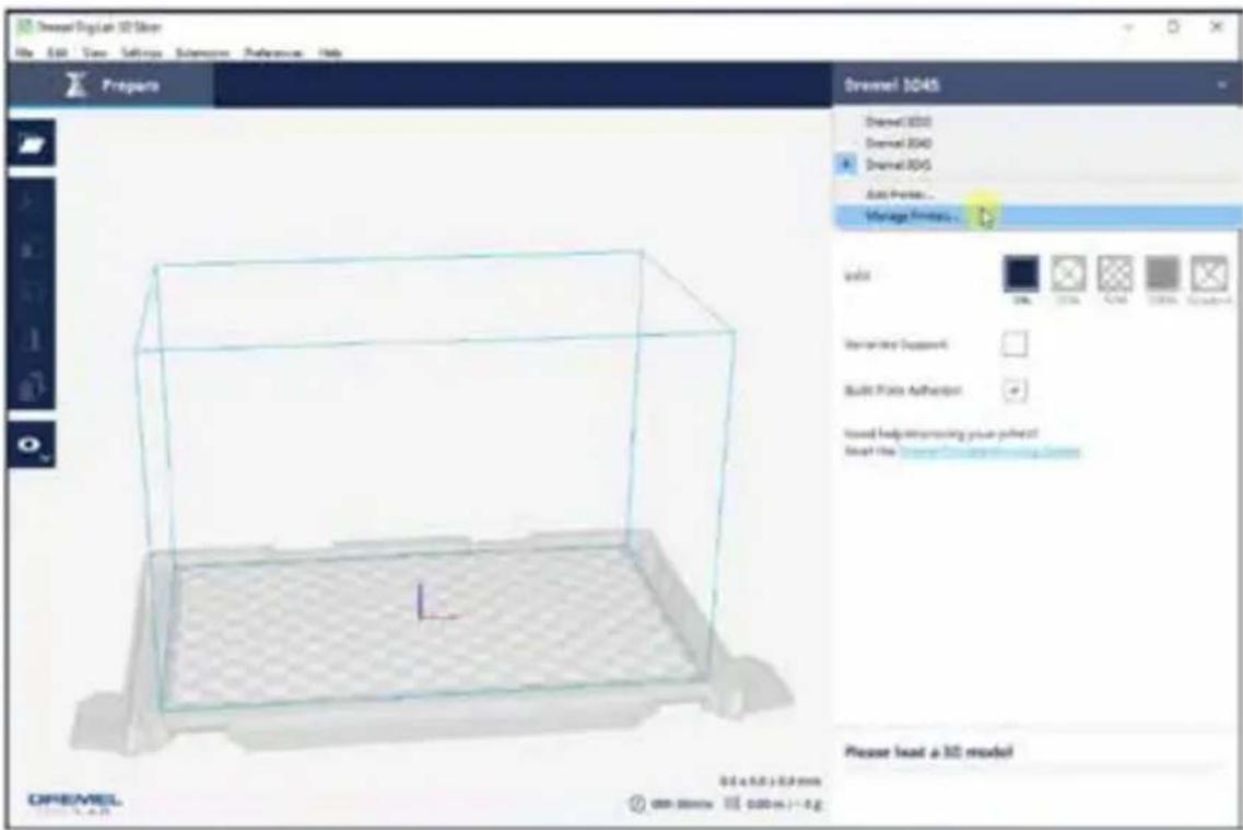 Dreamel Digital 3D Manager File Edit Tools Settings Subwoo Reference Help Prepers Dreamel 3D45 Stream 3D00 Stream 3D40 Stream 3D45 Auto Perks... Storage Printers... Label Normalize Support Built Place Adhesion Used body trimming your pinset Smart File Please load a 3D model! CREMEL 0.0 x 0.0 x 0.0 mm 0.00 mm x 100.00 x 100.00 mm C#EMEL