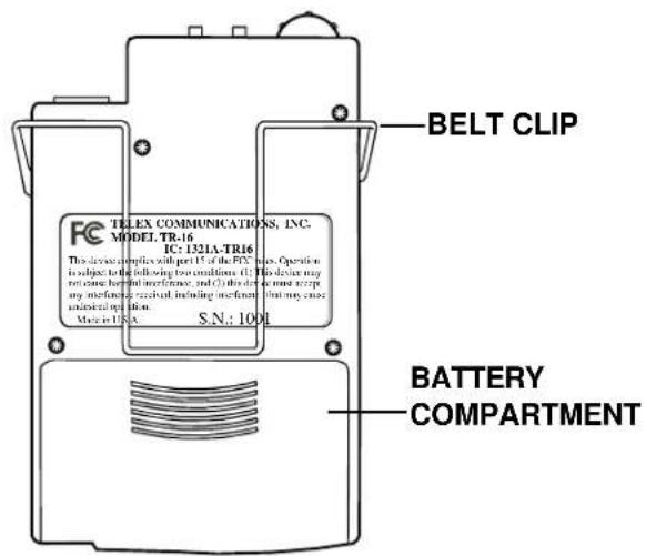 BELT CLIP TELEX COMMUNICATIONS, INC. MODEL TR-16 IC: 1321A-TR16 This device complies with part 1 of the PEX bus. Operation is subject to following two conditions (1). This device may not cause hardware interference, and Cliffs do not require any mechanical contact, including waveform, but may cause interference or signal. Note in USA. S.N.: 100% BATTERY COMPARTMENT