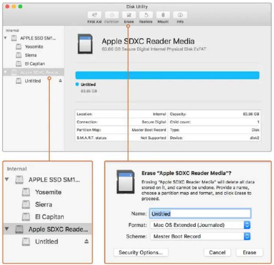 Disk Utility First Aid Partition Erase Restore Mount Info Internal APPLE SSD SM1... Yosemite Sierra El Capitan Apple SDXC Reader Media 63.86 GB Secure Digital Internal Physical Disk ExFAT Untitled 63.95 GB Location: Internal Capacity: 63.86 GB Connection: Secure Digital Child count: 1 Partition Map: Master Boot Record Type: Disk S.M.A.R.T. status: Not Supported Device: disk2 Erase "Apple SDXC Reader Media"? Erasing "Apple SDXC Reader Media" will delete all data stored on it, and cannot be undone. Provide a name, choose a partition map and format, and click Erase to proceed. Name: Untitled Format: Mac OS Extended (Journalled) Scheme: Master Boot Record Security Options... Cancel Erase
