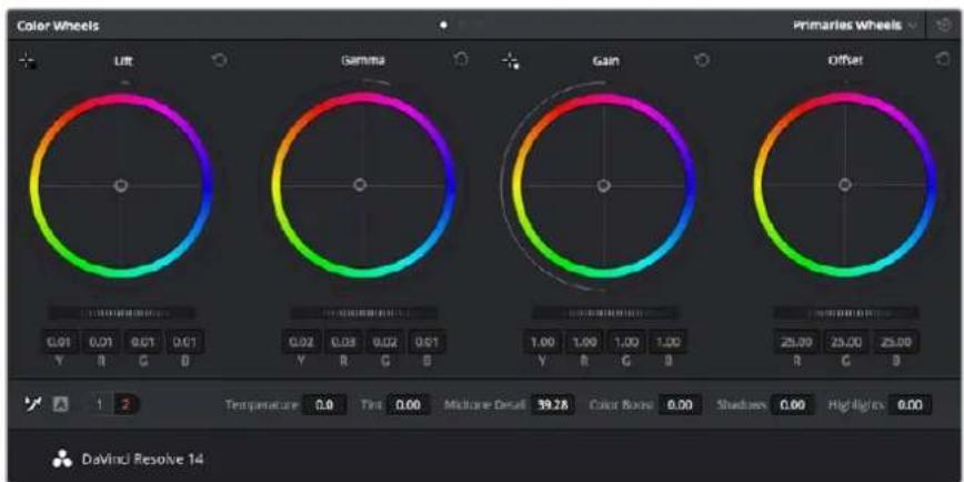 Color Wheels Primaries Wheels ULT Gamma Gain Offset 0.01 0.01 0.01 0.01 Y R G B 0.02 0.03 0.02 0.01 Y R G B 1.00 1.00 1.00 1.00 Y R G B 25.00 29.00 25.00 R G B Temperature 0.9 Time 0.00 Midplane Detail 39.28 Color Zone 0.00 Shadow 0.00 Highlights 0.00 DaVinci Resolve 14