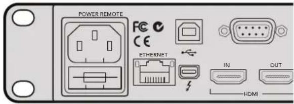 POWER REMOTE FC CE ETHERNET IN OUT HDMI