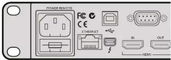 POWER REMOTE FC CE ETHERNET IN OUT HDMI