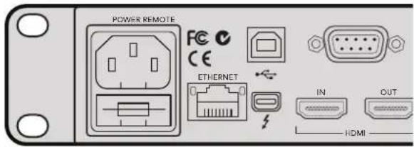 POWER REMOTE FC CE ETHERNET IN OUT HDMI