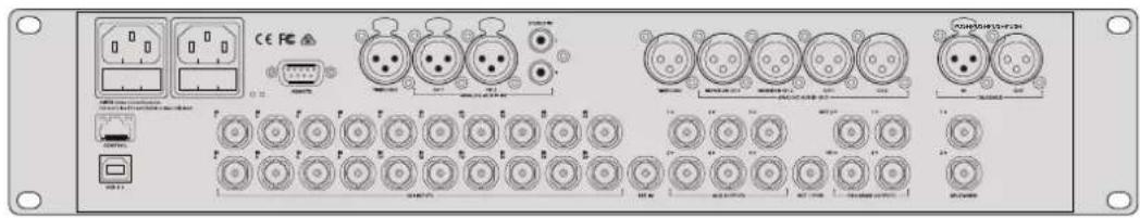 Front panel of a network equipment rack with labeled ports, connectors, and status indicators