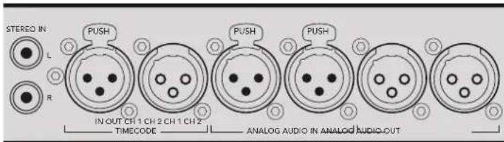 STEREO IN L R PUSH IN OUT CH 1 CH 2 CH 1 CH 2 TIMECODE PUSH PUSH ANALOG AUDIO IN ANALOG AUDIO-OUT