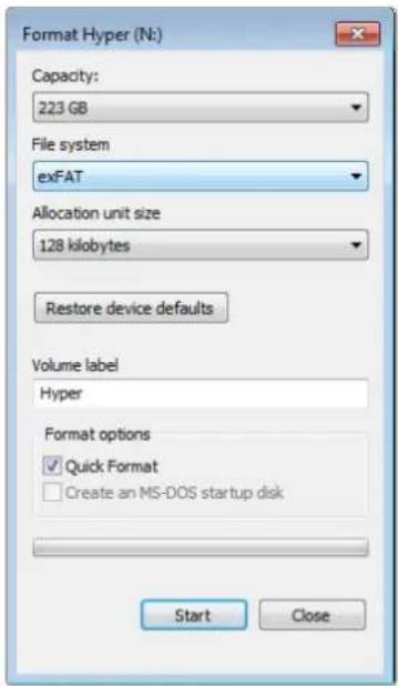 Format Hyper (N:) Capacity: 223 GB File system exFAT Allocation unit size 128 kilobytes Restore device defaults Volume label Hyper Format options ✓ Quick Format □ Create an MS-DOS startup disk Start Close