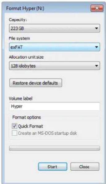 Format Hyper (N:) Capacity: 223 GB File system exFAT Allocation unit size 128 kilobytes Restore device defaults Volume label Hyper Format options ✓ Quick Format □ Create an MS-DOS startup disk Start Close