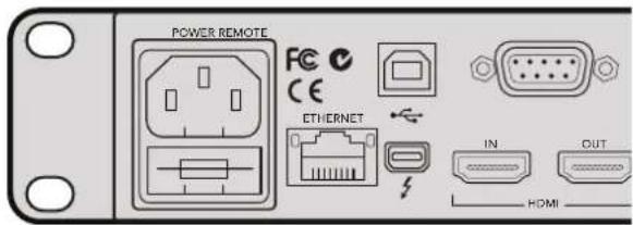 POWER REMOTE FC CE ETHERNET IN OUT HDMI