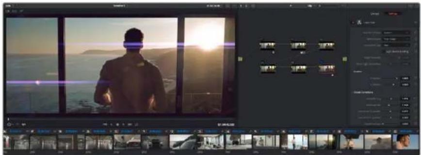 Screenshot of a video editing software interface showing a person on stage with multiple preview thumbnails and timeline controls.