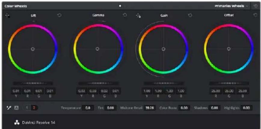 Color Wheels Lift Primaries Wheels Gamma Gain Offset Temperature 0.0 Tint 0.00 Multone Detail 39.28 Color Bands 0.00 Shadows 0.00 Highlights 0.00 DaVinci Resolve 14