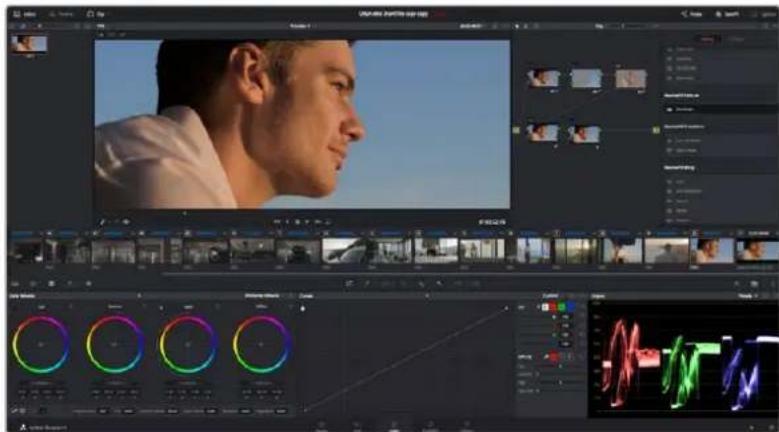 Screenshot of a video editing software interface showing multiple video and audio tracks with a close-up of a person's face.