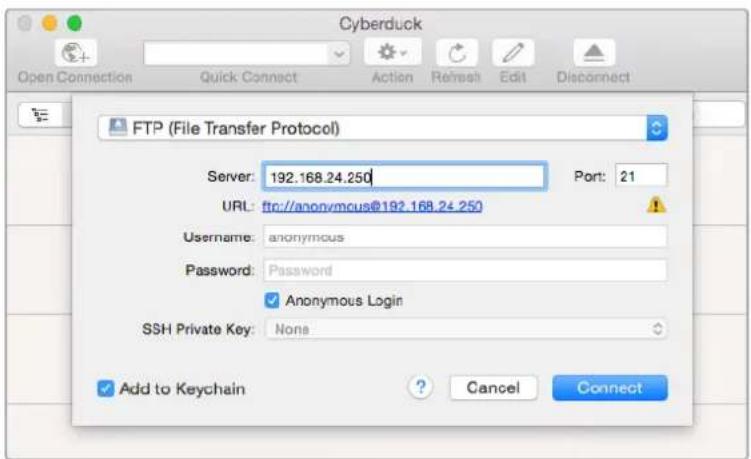 Cyberduck Open Connection Quick Connect Action Refresh Edit Disconnect FTP (File Transfer Protocol) Server: 192.168.24.250 Port: 21 URL: ftp://anonymous@192.168.24.250 Username: anonymous Password: Password Anonymous Login SSH Private Key: None Add to Keychain Cancel Connect