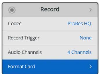 Record Codec ProRes HQ Record Trigger None Audio Channels 4 Channels Format Card