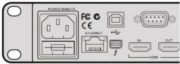 POWER REMOTE FC CE ETHERNET IN OUT HDMI