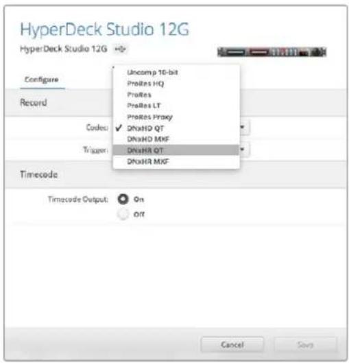 HyperDeck Studio 12G HyperDeck Studio 12G Configure Record Code Trigger Timecode Uncomp 10-bit ProRes HQ ProRes ProRes LT ProRes Proxy ✓ DNAHD QT DNAHD MXF DNAHR QT DNAHR MXF Timescode Output On Off Cancel Save
