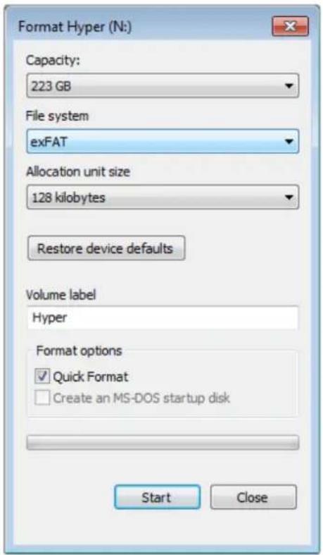 Format Hyper (N:) Capacity: 223 GB File system exFAT Allocation unit size 128 kilobytes Restore device defaults Volume label Hyper Format options ✓ Quick Format □ Create an MS-DOS startup disk Start Close
