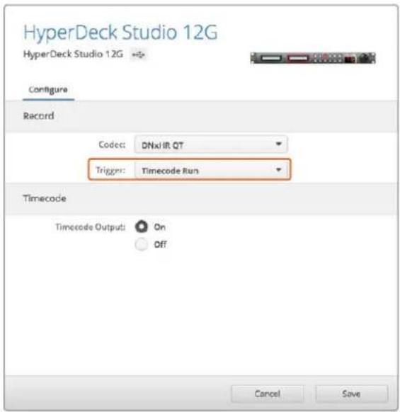 HyperDeck Studio 12G HyperDeck Studio 12G →> Configure Record Codes: DNxl IR QT Trigger: Timecode Run Timecode Timecode Output: On Off Cancel Save