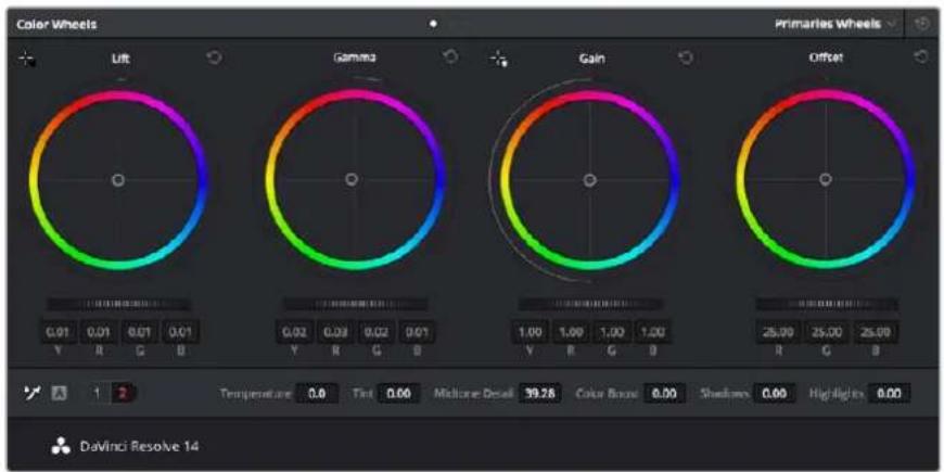 Color Wheels Primaries Wheels UR Gamma Gain Offset Temperature 0.0 Tint 0.00 Midlone Detail 39.28 Color Bound 0.00 Shadows 0.00 Highlights 0.00 Davinci Resolve 14