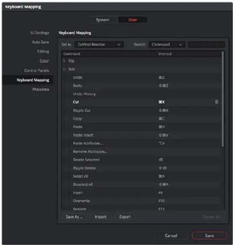 Keyboard Mapping System User UI Settings Auto Save Editing Color Control Panels Keyboard Mapping Macadata Keyboard Mapping Set to DaVind Resolve Search Command Command Shortcut > File ✓ Edit Undo 35 Redo 0.82 Undo History Cut 36X 0 Ripple Cut 0.84 Copy 36C Paste 36V Paste insert 0.86V Paste Attributes... 36V Remove Attributes... Delete Selected 68 Ripple Delete 0.88 Select All 36A Deselect All 0.84A Insert F9 Overseas F10 Replace F11 Save As ... Import Export Cancel Save
