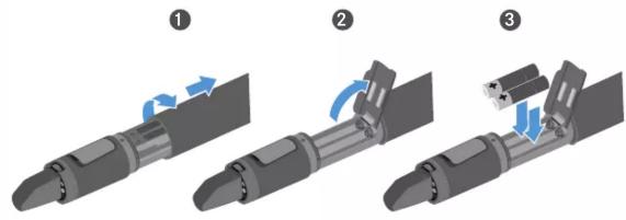 Diagram illustrating three-step assembly process of a mechanical component with directional arrows indicating motion.