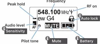 Frequency Peak hold 548.100 MHz Y ew G4 RF on Audio level Sensitivity AF MUTE Auto lock Pilot tone Mute Battery