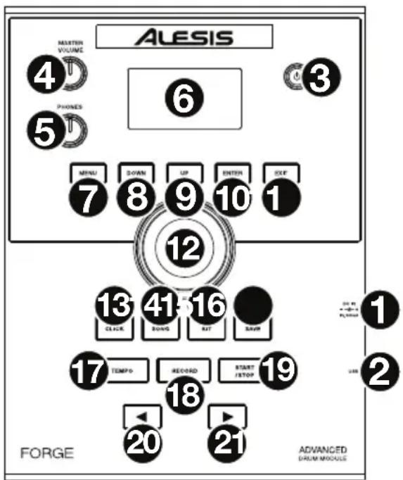 ALESIS 4 6 3 PHONES 5 MENU DOWN UP ENTER SEE 7 8 9 10 1 12 13 41 16 CLARK BONG RIT SAAP 17 TEMPO RECORD START 19 18 20 21 FORGE ADVANCED DRUM MODULE