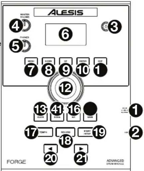 MASTER VOLUME 4 PHONES 5 6 3 MENU DOWN UP ENTER SEE 7 8 9 10 1 12 13 41 16 CLOCK TONG RIT BAND 17 TOMPO RECOO START 19 18 STOP 20 21 FORGE ADVANCED DRUM MODULE