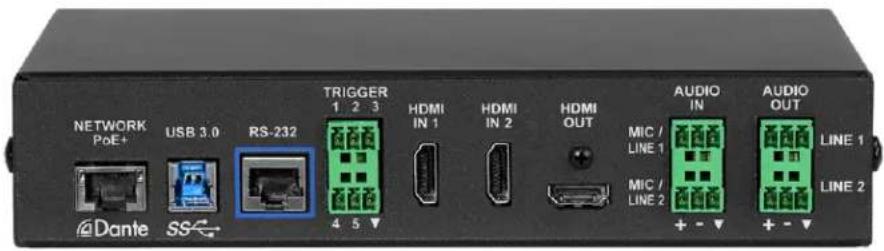 NETWORK PoE+ USB 3.0 RS-232 TRIGGER 1 2 3 HDMI IN 1 HDMI IN 2 HDMI OUT AUDIO IN A MIC / LINE 1 MIC / LINE 2 AUDIO OUT + - ▼ + - ▼ Dante SS LINE 1 LINE 2