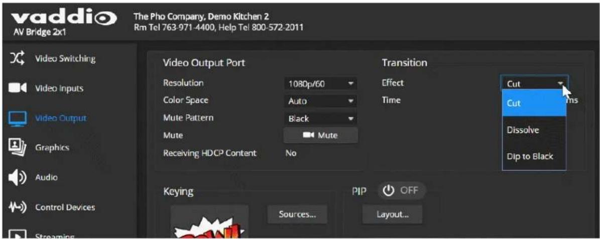 vaddio The Pho Company, Demo Kitchen 2 Rm Tel 763-971-4400, Help Tel 800-572-2011 AV Bridge 2x1 Video Switching Video Inputs Video Output Graphics Audio Control Devices Streaming Video Output Port Resolution 1080p/60 Color Space Auto Mute Pattern Black Mute Mute Receiving HDCP Content No Transition Effect Time Cut Cut Dissolve Dip to Black Keying Sources... PIP OFF Layout...
