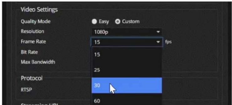 Video Settings Quality Mode Easy Custom Resolution 1080p Frame Rate 15 fps Bit Rate 15 Max Bandwidth 25 Protocol 30 RTSP 60 Streaming URL