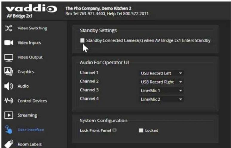 vaddio AV Bridge 2x1 The Pho Company, Demo Kitchen 2 Rm Tel 763-971-4400, Help Tel 800-572-2011 Video Switching Video Inputs Video Output Graphics Audio Control Devices Streaming User Interface Room Labels Standby Settings Standby Connected Camera(s) when AV Bridge 2x1 Enters Standby Audio For Operator UI Channel 1 USB Record Left Channel 2 USB Record Right Channel 3 Line/Mic 1 Channel 4 Line/Mic 2 System Configuration Lock Front Panel Locked