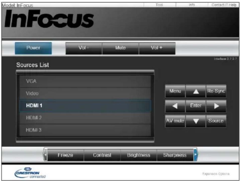 Model InFocus InFocus Power Vol - Mute Vol + Sources List VCA Video HDMI 1 HDMI 2 HDMI 3 Menu Re-Sync Enter AV mute Source Freeze Contrast Brightness Sharpness CRESTRON connected Expansivos Options