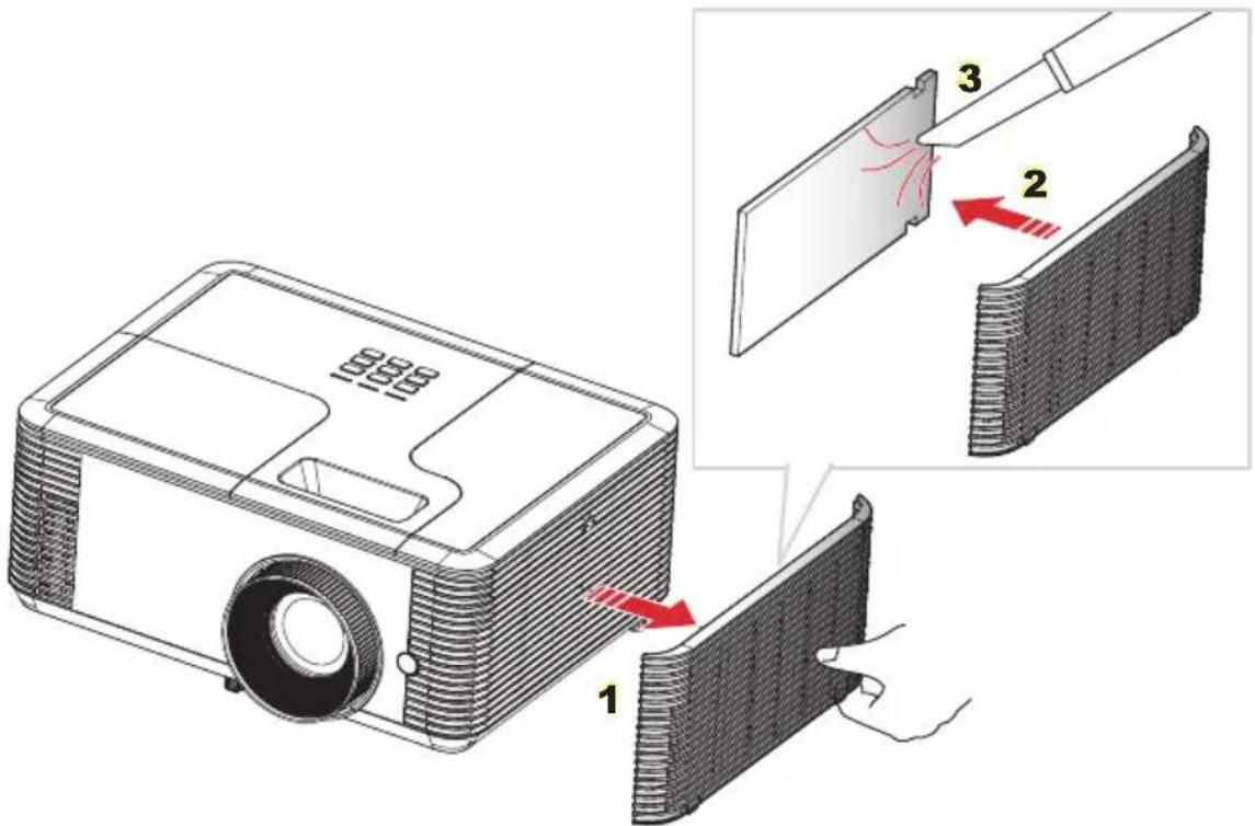 Diagram illustrating the process of a projector with labeled parts and directional arrows indicating assembly steps.
