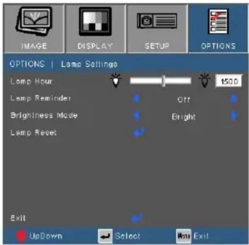 IMAGE DISPLAY SETUP OPTIONS OPTIONS | Lamp Settings Lamp Hour 1500 Lamp Reminder Off Brightness Mode Bright Lamp Reset Exit UpDown Select Next Exit