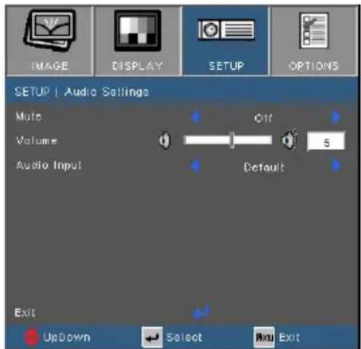 IMAGE DISPLAY SETUP OPTIONS SETUP | Audio Settings Multi Volume Audio Input Off 5 Default Exit UpDown Select Exit