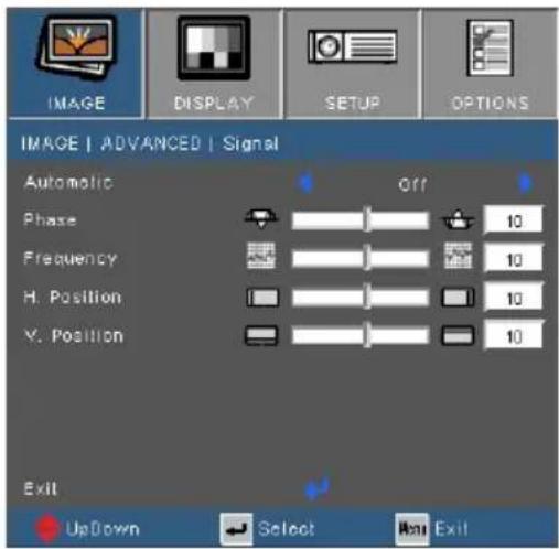 IMAGE | ADVANCED | Signal Automatic Off Phase 10 Frequency 10 H. Position 10 Y. Position 10 Exit UpDown Select Next Exit