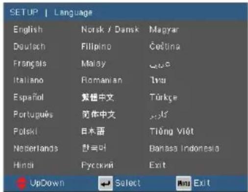 SETUP | Language English Norsk / Dansk Magyar Deutsch Filipino Čeština Frangals Malay Šuč Italiano Romanian Tru Español 繁體中文 Türkçe Português 简体中文 Šuč Polski 日本語 Tiống Việt Nederlands 한국어 Banasa Indonesia Hindi Fyckwii Exit UpDown Select Next Exit